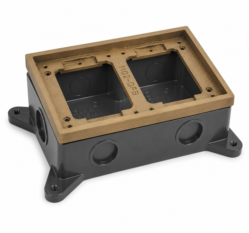 Dual Gang Shallow Concrete Floor Box, Semi-Adjustable, Brass Tile Flange