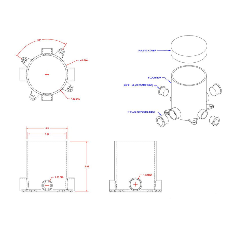 Round Concrete Floor Box, Recessed Power and Data, Aluminum