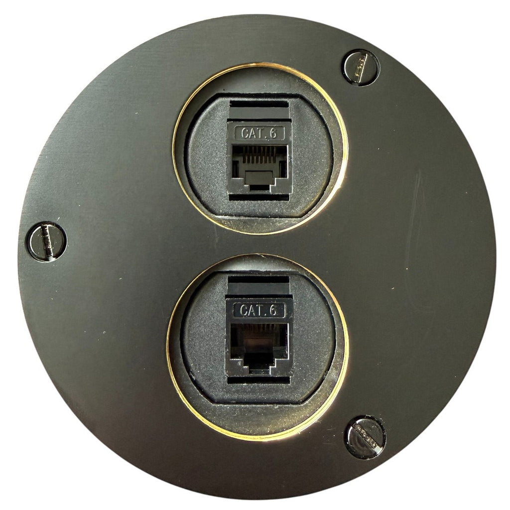 Round Flush to Wood Floor Box, 2 Data Cat6, Screw Plugs - Matte Black