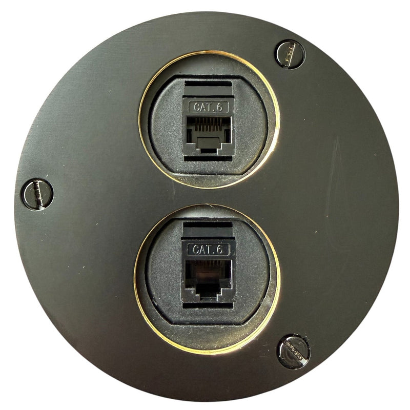 Round Flush to Wood Floor Box, 2 Data Cat6, Screw Plugs - Matte Black