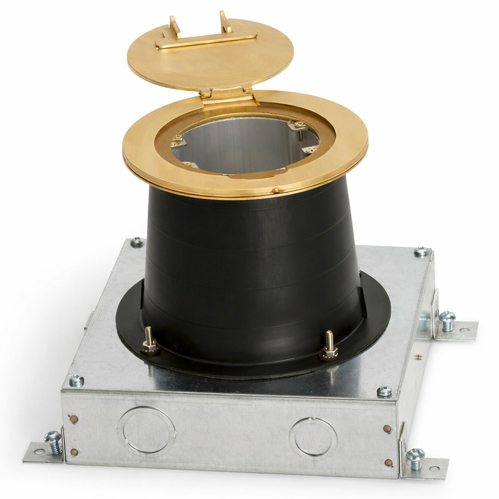 4" Round Concrete Pour Flush Box Recessed 4 Power 4 Keystone, Brass