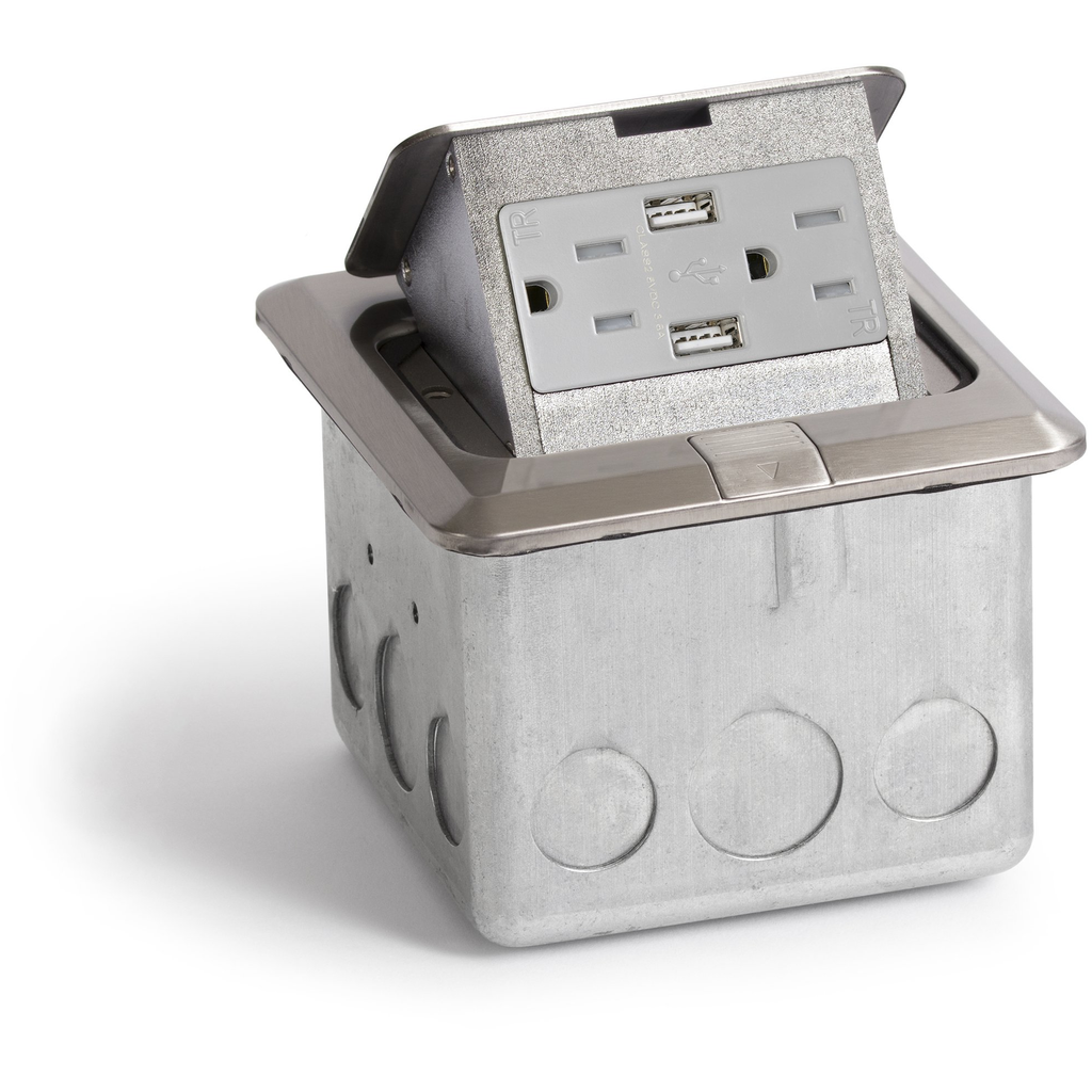 Pop Up Floor Box w/ 20A Duplex Power, USB A Charging, Stainless Steel