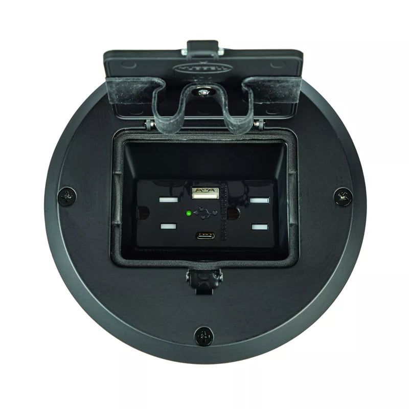 Raco 6239ACBK Recessed Receptacle Round Floor Box, USB-A/C, Black