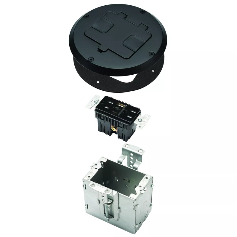 Raco 6239ACBK Recessed Receptacle Round Floor Box, USB-A/C, Black