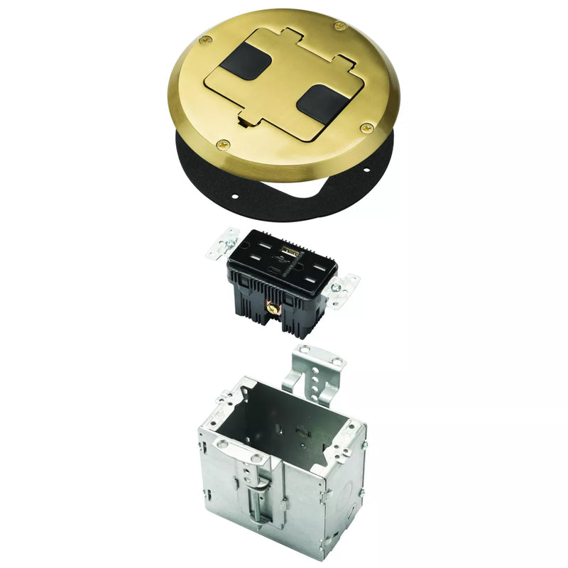 Raco 6239ACBP Recessed Receptacle Round Floor Box, USB-A/C, Brass