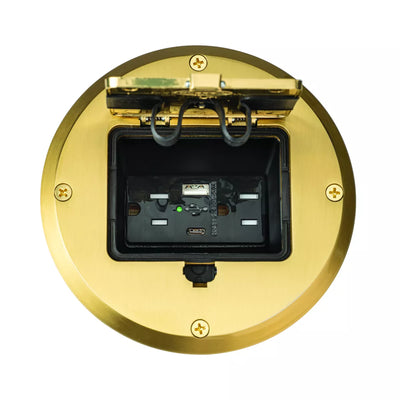 Raco 6239ACBP Recessed Receptacle Round Floor Box, USB-A/C, Brass