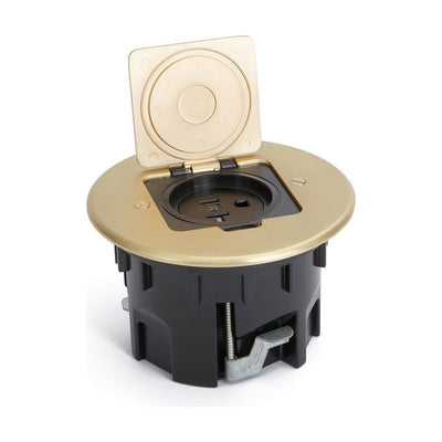 Lew Electric RB-OB, Single Receptacle Round Floor Box, Flip Lid, Brass, Open