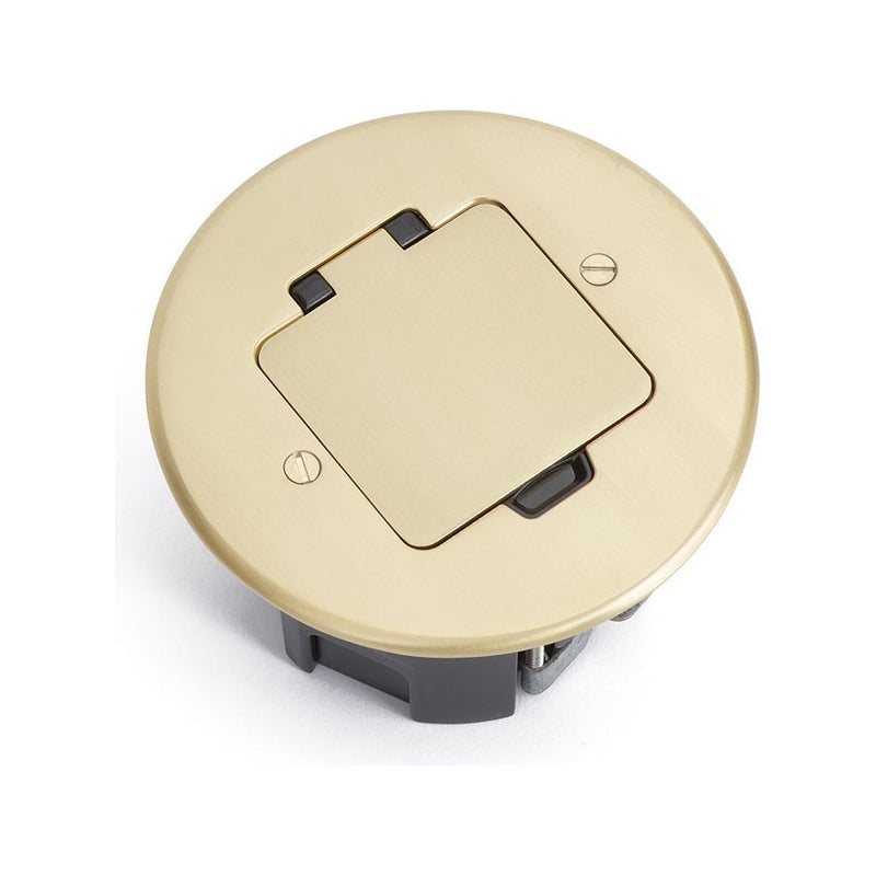 Lew Electric RB-OB, Single Receptacle Round Floor Box, Flip Lid, Brass, Closed