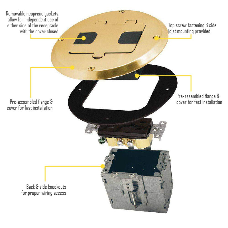 Raco 6239BP Recessed Receptacle Round Floor Box, Brass