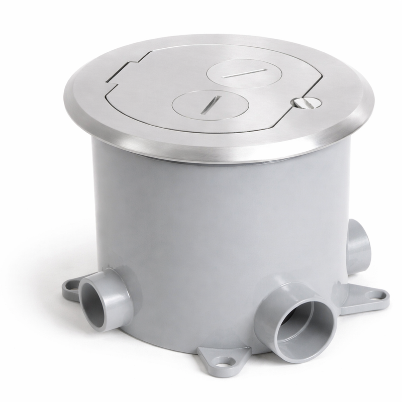 Round Concrete Floor Box, Recessed Power, USB-A/C Charging, Data, Aluminum