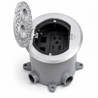 Round Concrete Floor Box Recessed Power USB-A/C Charging Data Aluminum