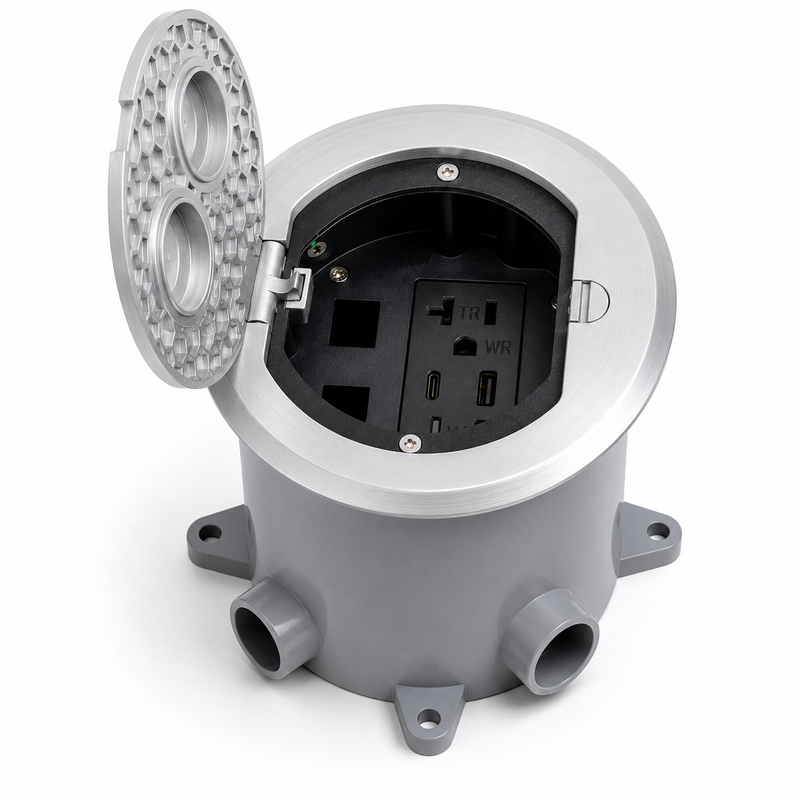 Round Concrete Floor Box Recessed Power USB-A/C Charging Data Aluminum