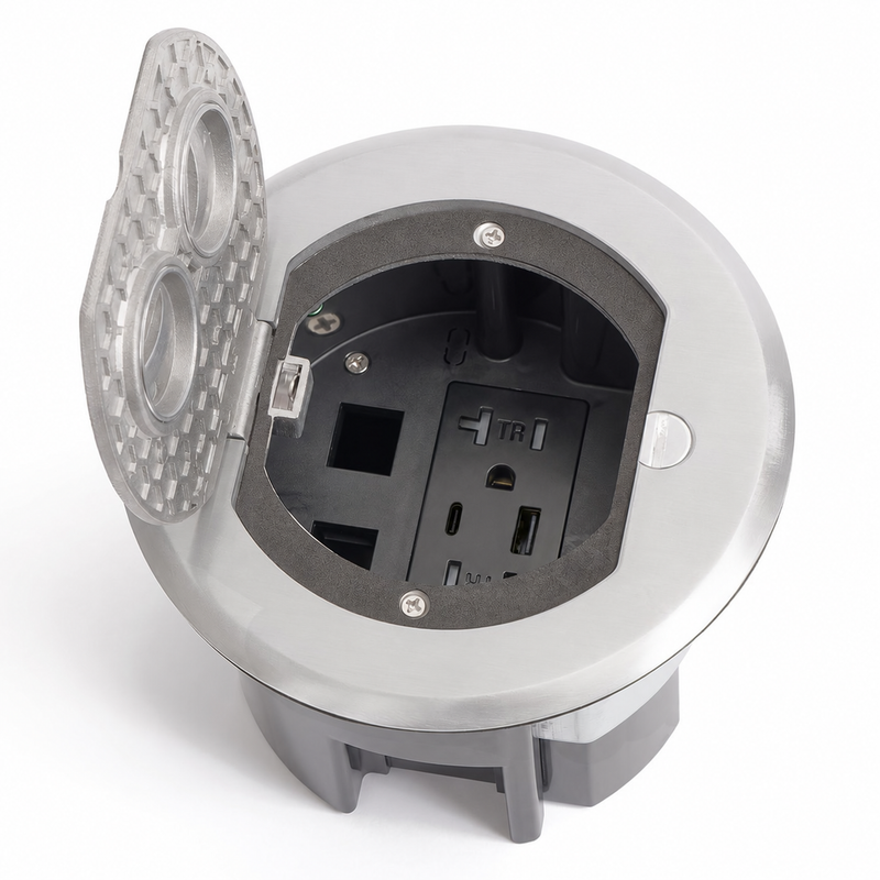 Round Floor Box with Recessed USB-A/C Charging Outlet for Wood or Concrete, Aluminum