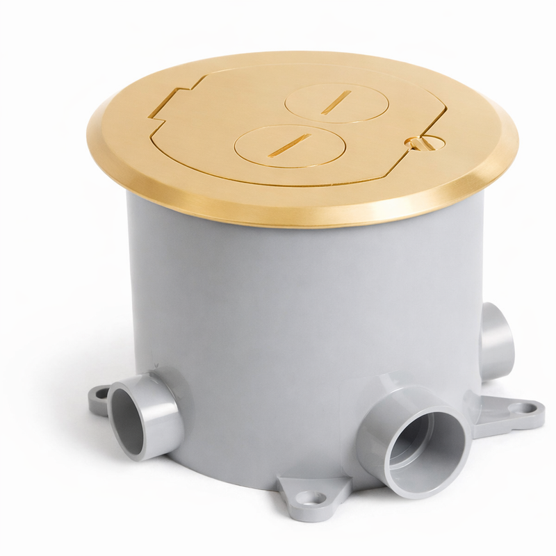 Round Concrete Floor Box, Recessed Power and Data, Brass
