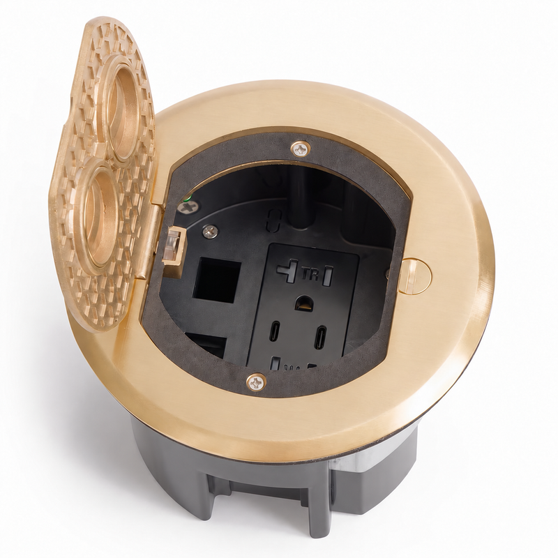 Lew Electric RRFB-B-USBCC Concealed Plug Electrical Floor Box, Brass