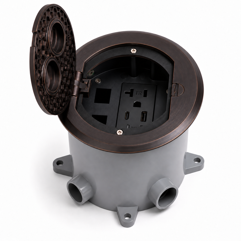 Round Concrete Floor Box, Recessed Power, USB-A/C Charging, Data, Bronze
