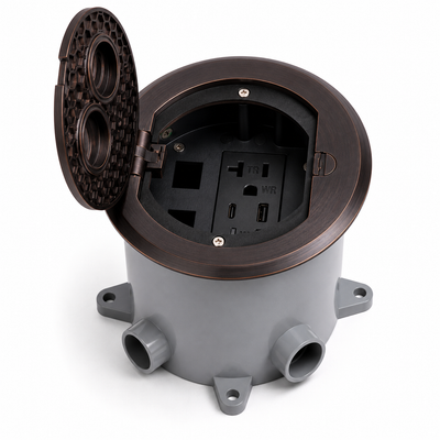 Round Concrete Floor Box Recessed Power USB-A/C Charging Data, Bronze