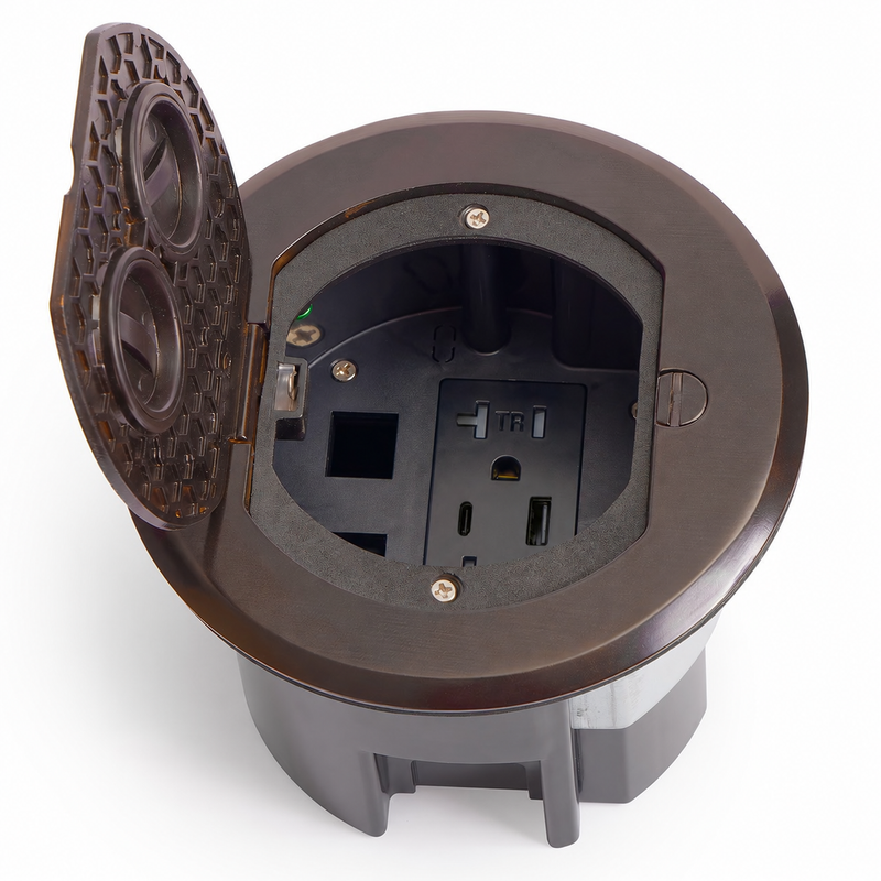 Round Floor Box with Recessed USB-A/C Charging Outlet for Wood or Concrete, Dark Bronze