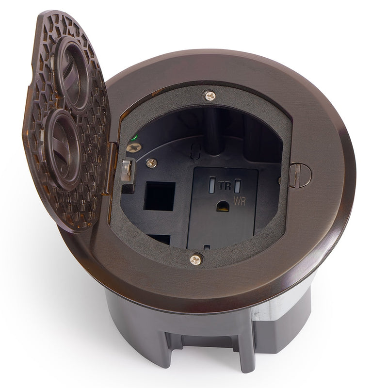 Round Floor Box For Recessed Plug, Electrical Outlet for Wood or Concrete, Dark Bronze