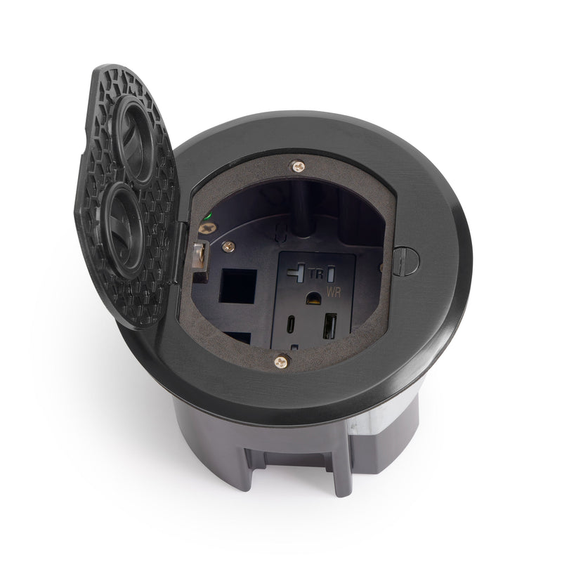 Round Floor Box with Recessed USB-A/C Charging Outlet for Wood or Concrete, Matte Black