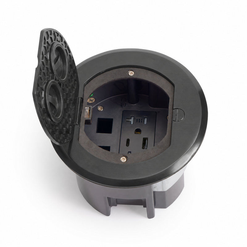Round Floor Box with Recessed USB-A/C Charging Outlet for Wood or Concrete, Matte Black