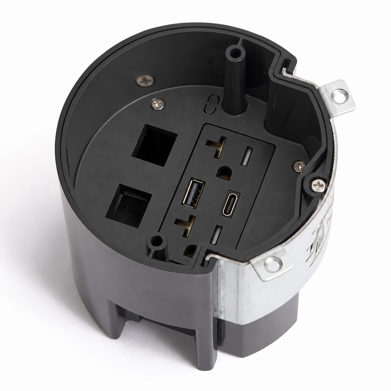 Round Concrete Floor Box, Recessed Power, USB-A/C Charging, Data, Black