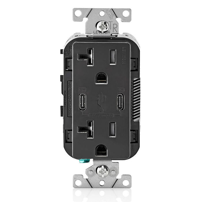 Leviton T5835-E Two USB-C Charging Port Outlet, 30W PD, 20A, TR, Black