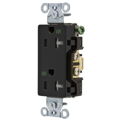 Hubbell DR20BLKWRTR, 20 Amp Decora Duplex Outlet, WR, TR, Black