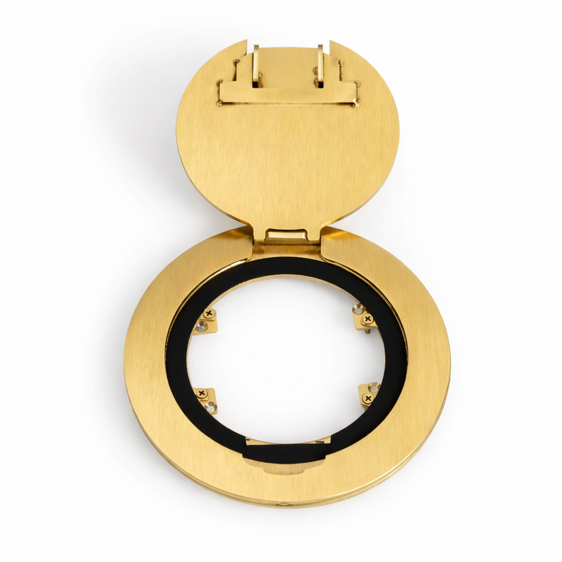 6" Round Poke Thru Core Drill Flush Box, 2 Power, USB-A/C, 8 Keystones - Brass