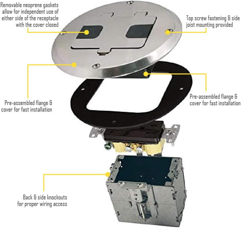 Raco 6239NI Recessed Receptacle Round Floor Box, Nickel