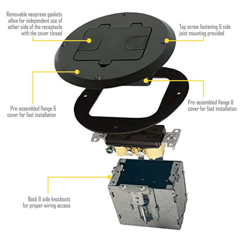 Hubbell RF515BK Recessed Receptacle Round Floor Box, Black