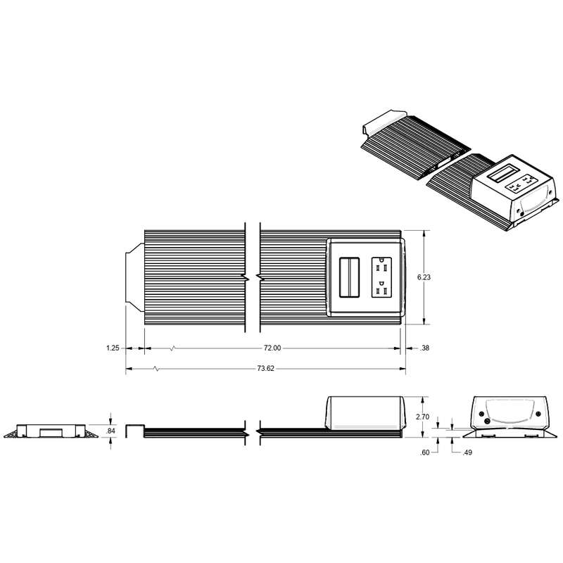 FSR SW-STK-1P1D-ALM 6' Smart-Way Floor Raceway Stick, 2 Power, 1 Data, Aluminum