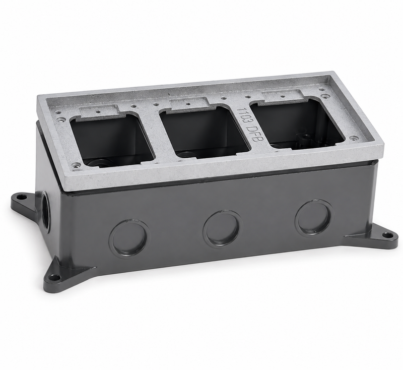 Triple Gang Deep Concrete Floor Box, Fully-Adjustable, Aluminum Tile Flange