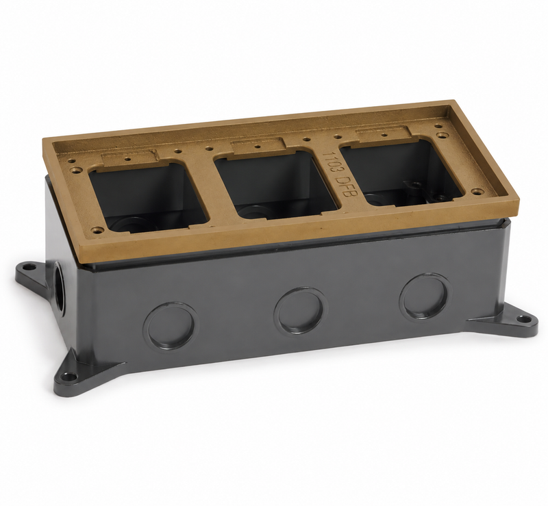 Triple Gang Deep Concrete Floor Box, Fully-Adjustable, Brass Tile Flange