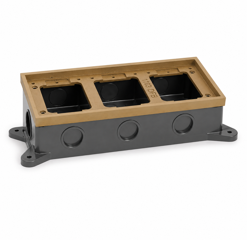 Triple Gang Shallow Concrete Floor Box, Semi-Adjustable, Brass Tile Flange