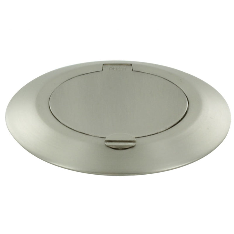 Small Round Brushed Nickel Floor Box Outlet Lid Closed