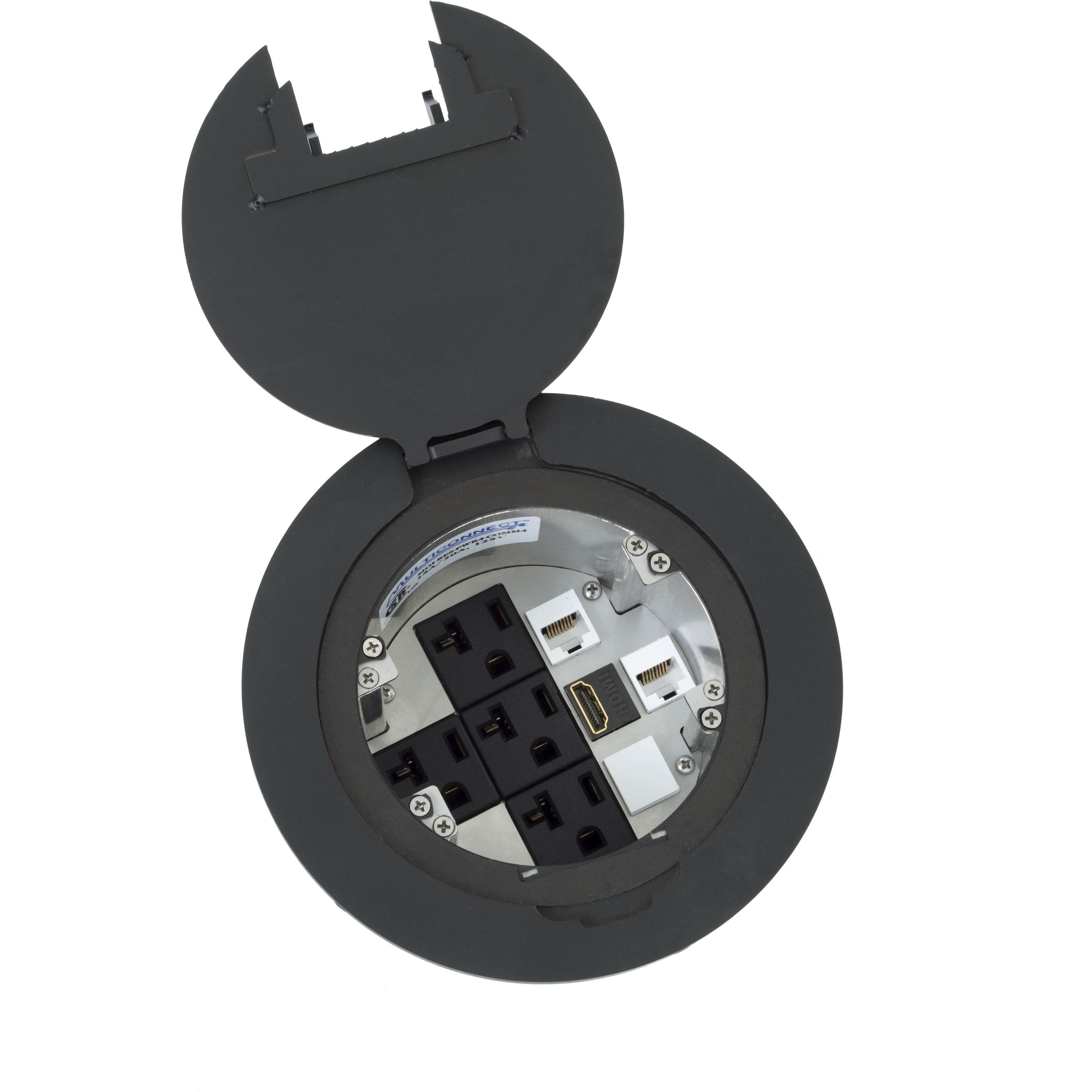 Round Poke Thru Recessed Floor Box, 4 Power, 4 Keystones - Black