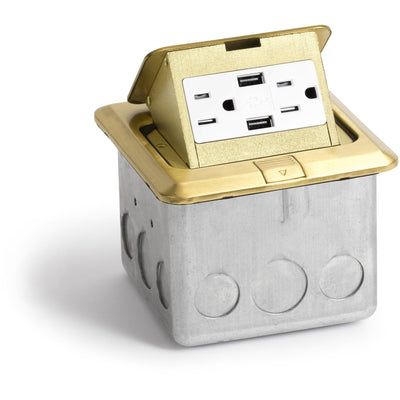 Lew Electric PUFp-SQ-BR-2USB Indoor Floor Box Pop 15 Amp Duplex Power Outlet and 2 Charging USB - Brass 