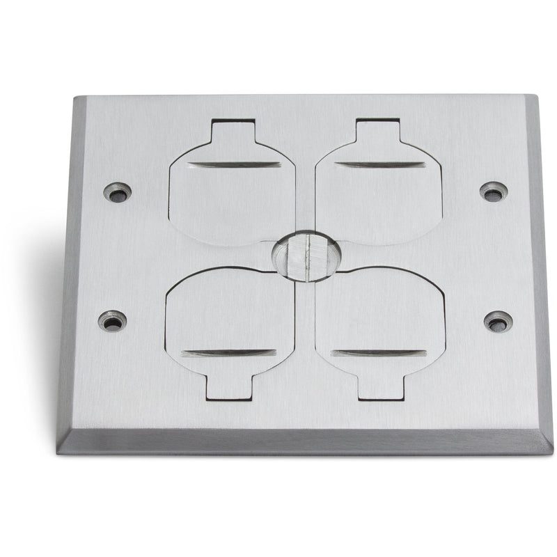 Recessed Floor Plate w/ Box, Two 15A Duplex, 4 Flip Lids - Aluminum