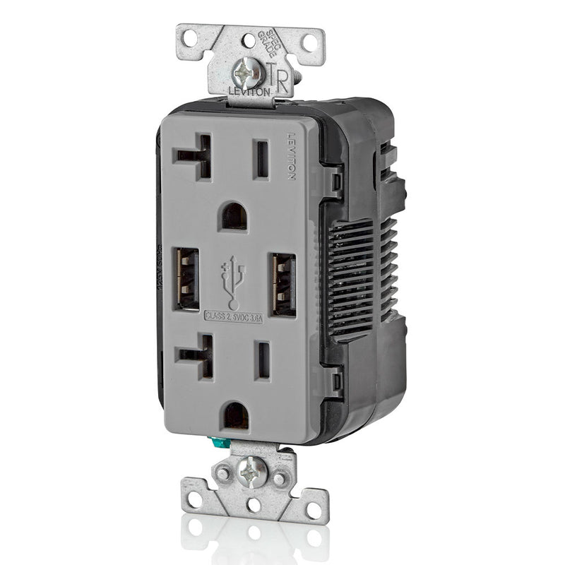 Leviton T5832-GY USB-A 3.6 Amp USB Charging Ports Wall Outlet, Gray