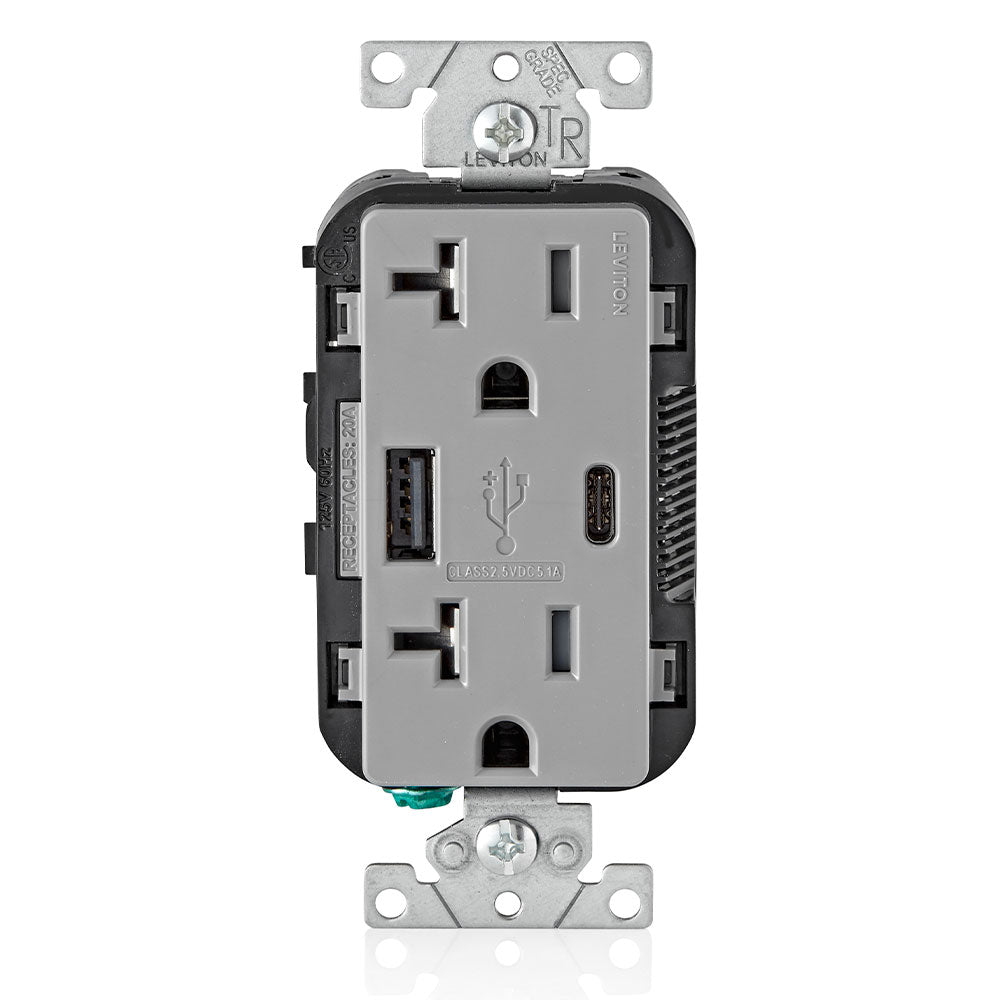 Leviton T5833-GY USB-A/C Charging Ports Outlet, 5.1A, 20A, TR, Gray