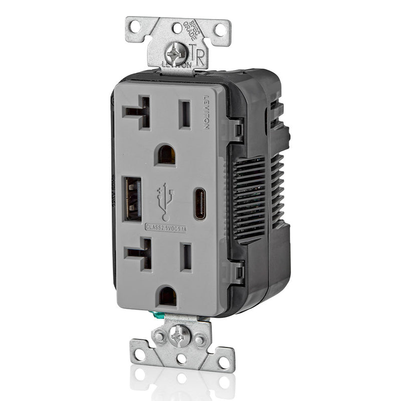 Leviton T5833-GY USB-A/C Charging Ports Outlet, 5.1A, 20A, TR, Gray