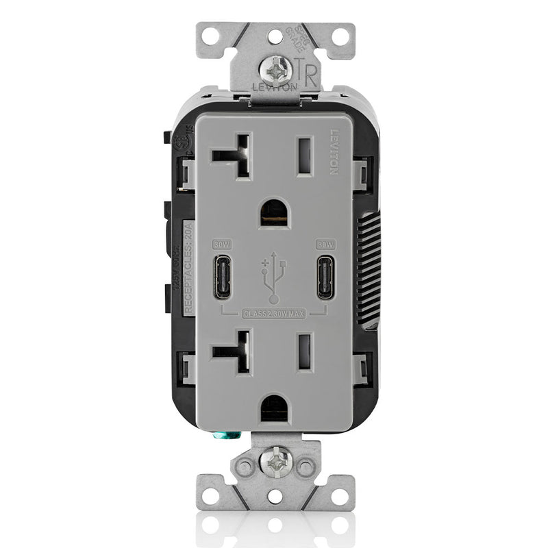 Leviton T5835-G Two USB-C Charging Port Outlet, 30W PD, 20A, TR, Gray