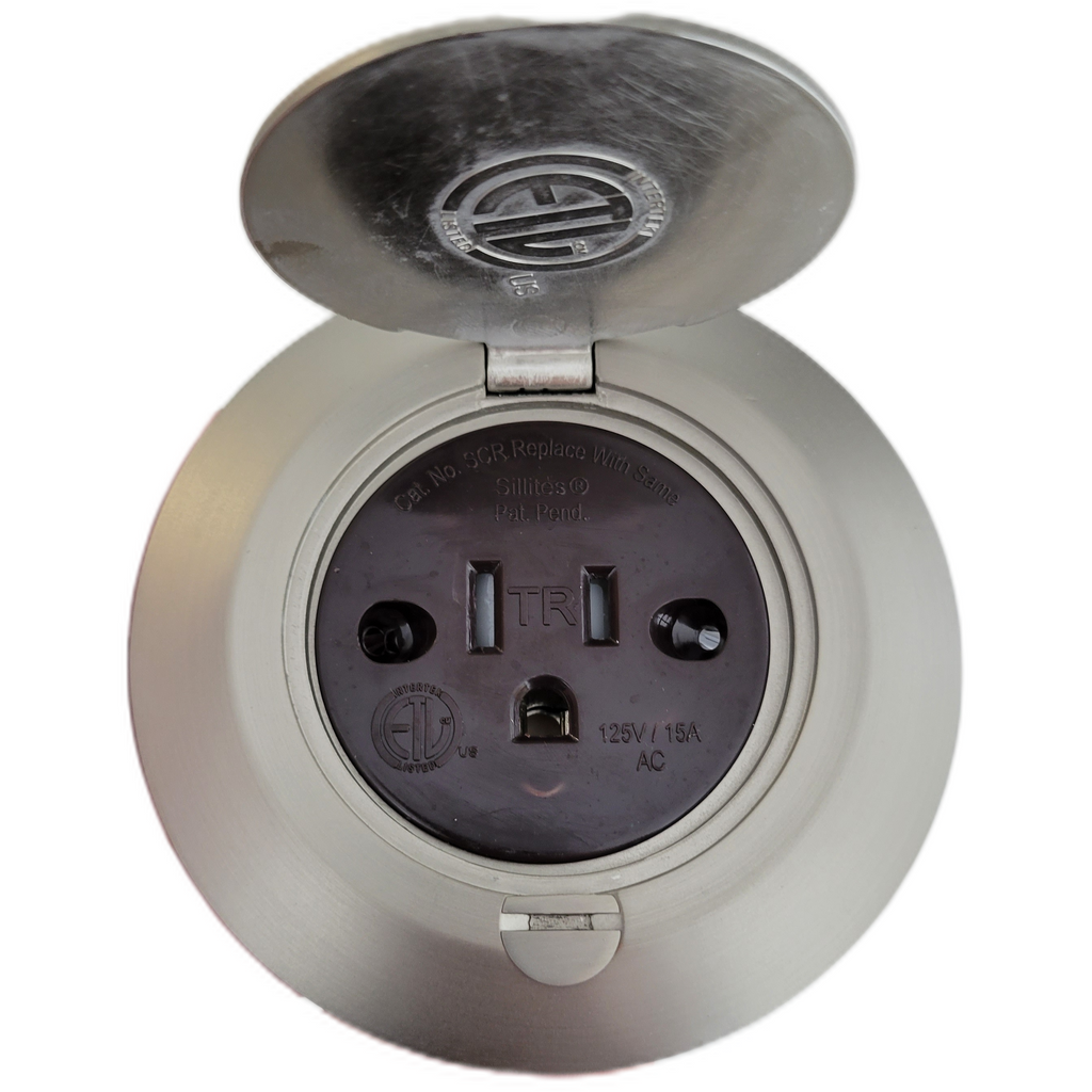 Single Receptacle 3.75" Round Floor Box, Hinged Lid, Brushed Nickel, Brown Outlet