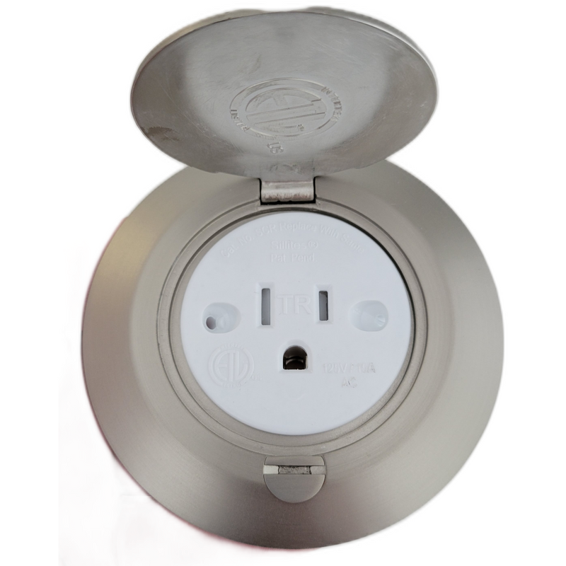 Single Receptacle Round Floor Box, Hinged Lid, Nickel, White Outlet